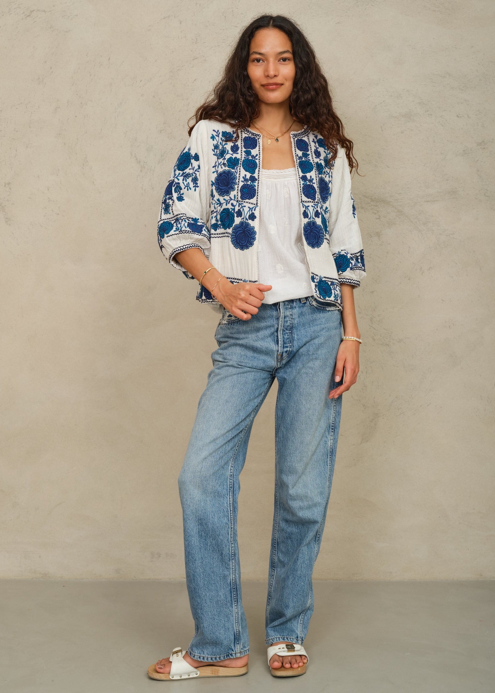 Greta Jacket - Ecru/Blue