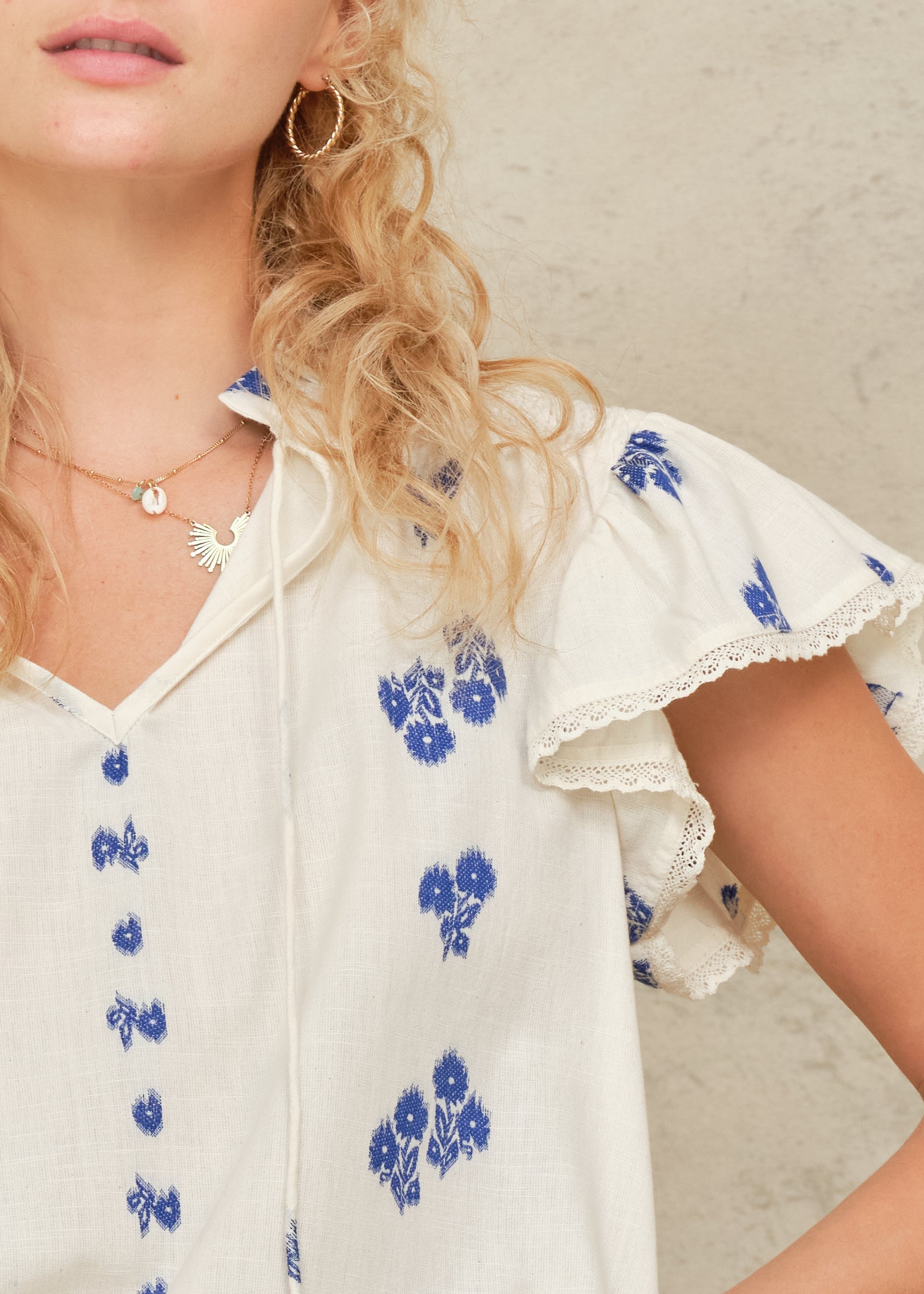 Iris Frill Short Sleeve Top - Blue