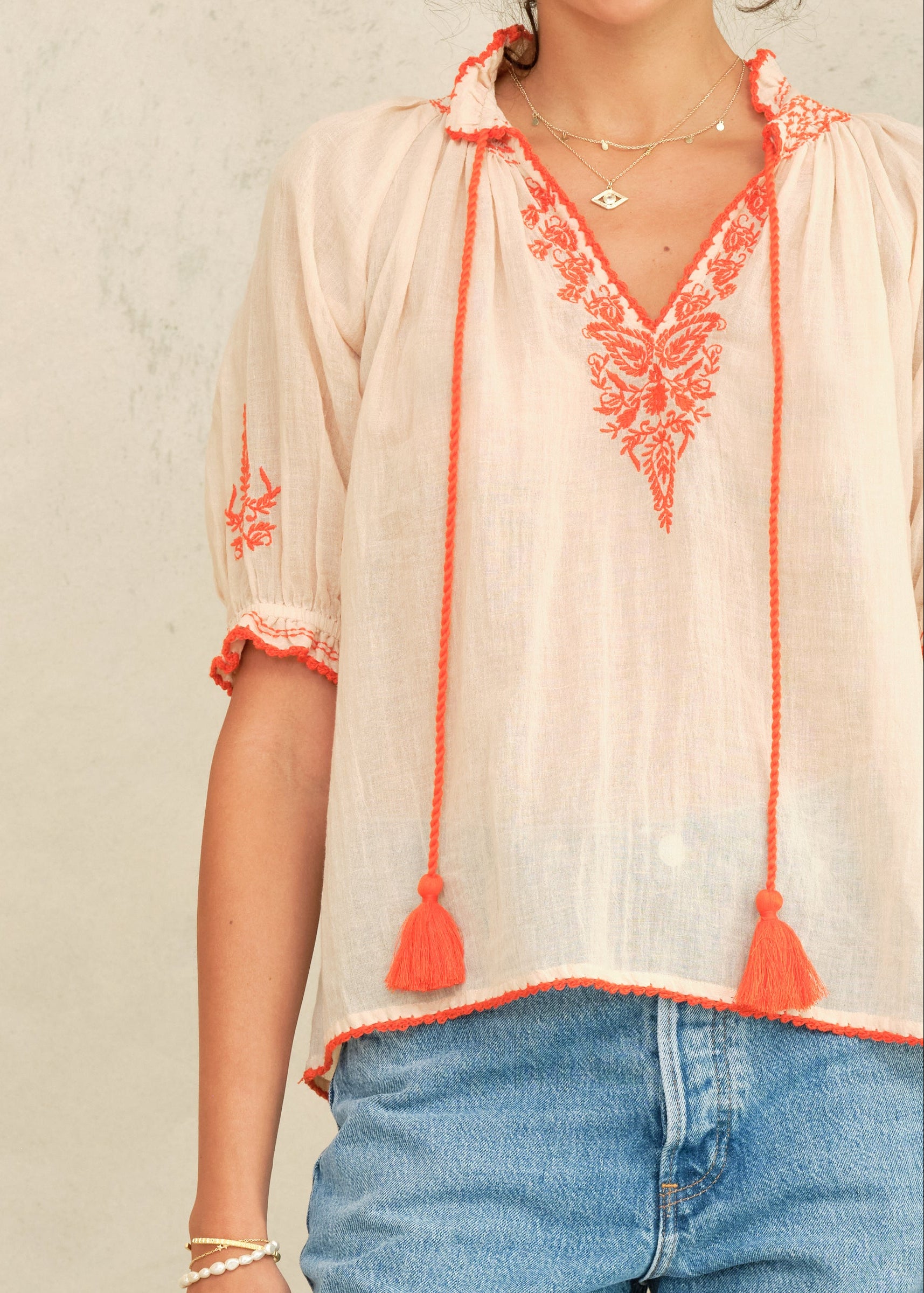 Talia Short Sleeve Top - Beige/Orange