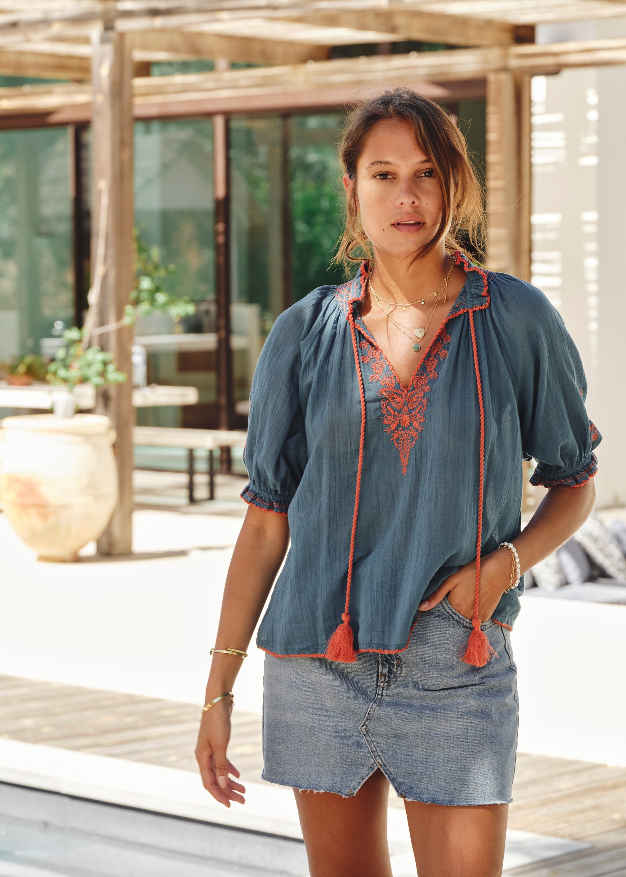 Talia Short Sleeve Top - Blue/Orange