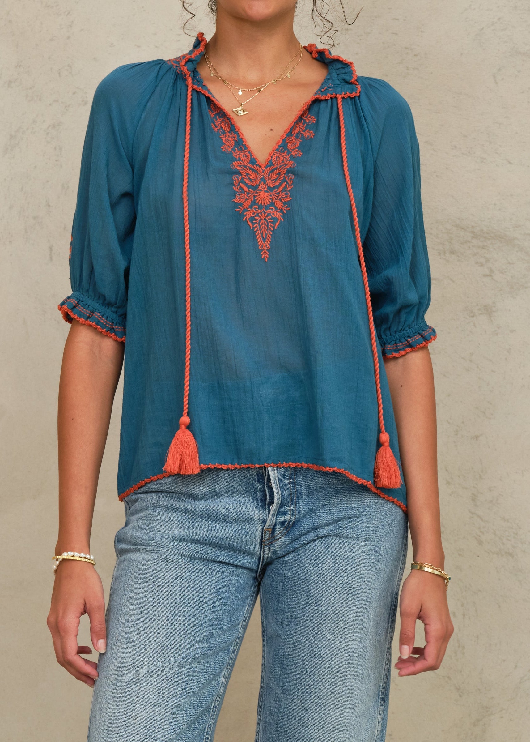 Talia Short Sleeve Top - Blue/Orange