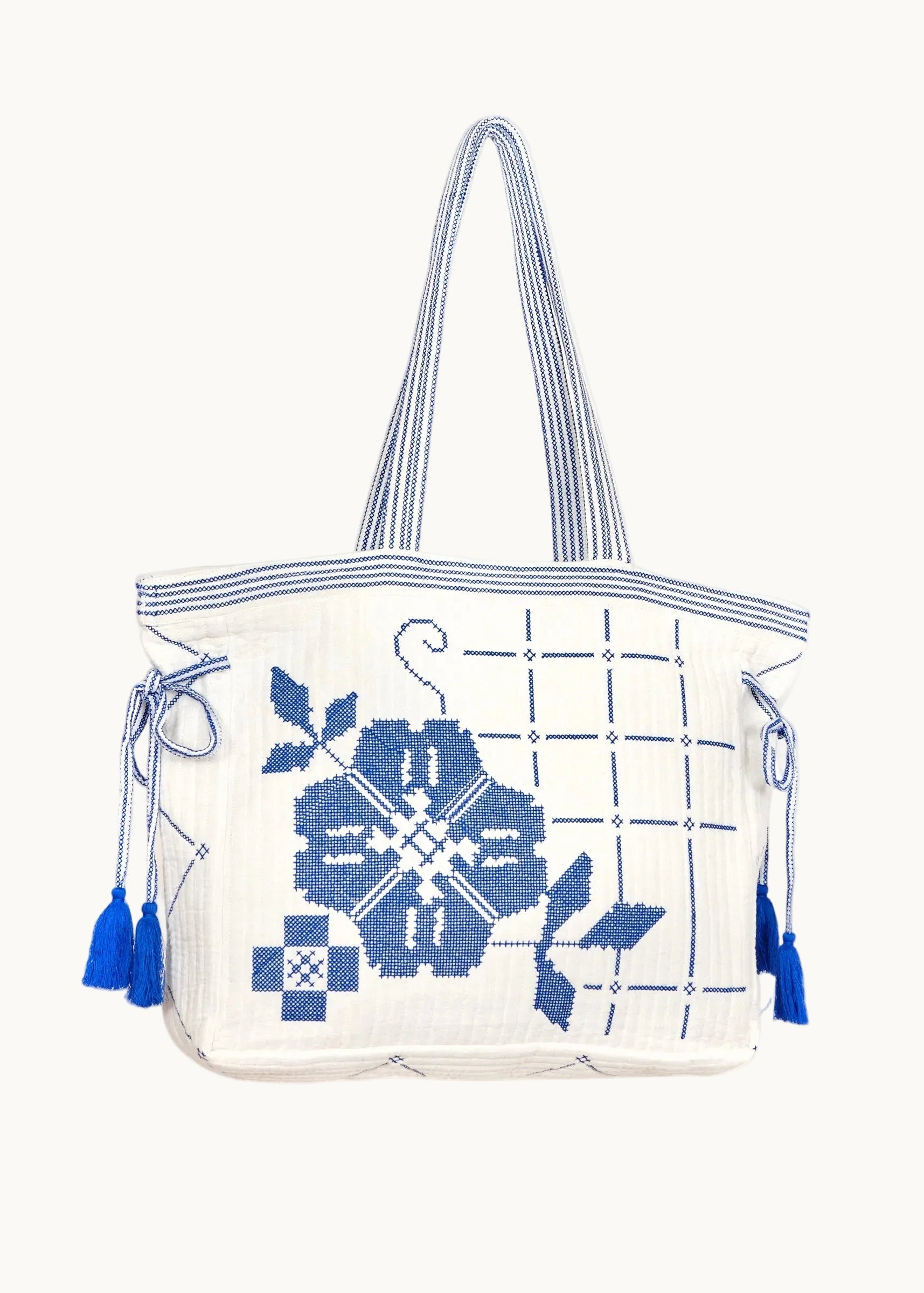 Laney Quilted Tote - Ivory/Blue