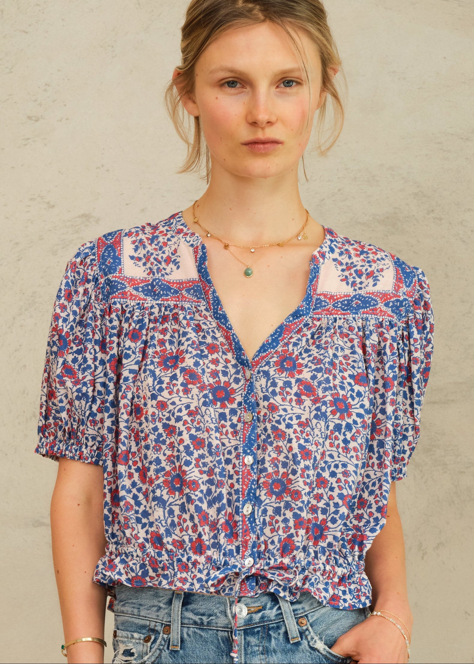 Della Short Sleeve Top - Blue/Pink