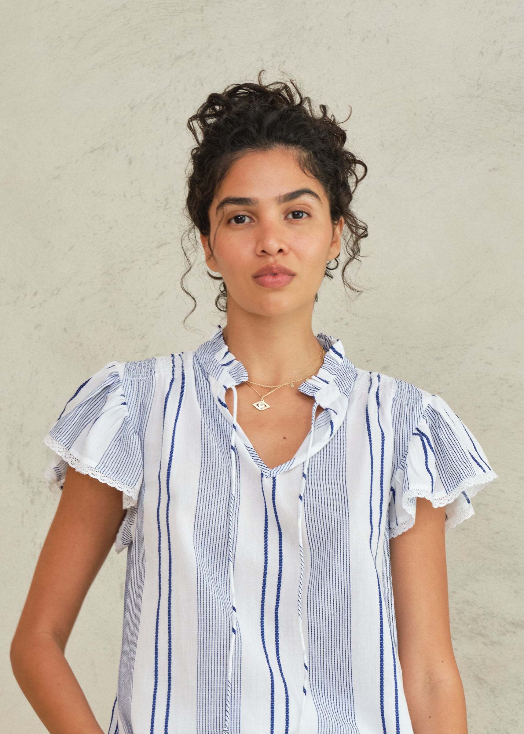 Eleni Woven Frill Top - Blue Stripe