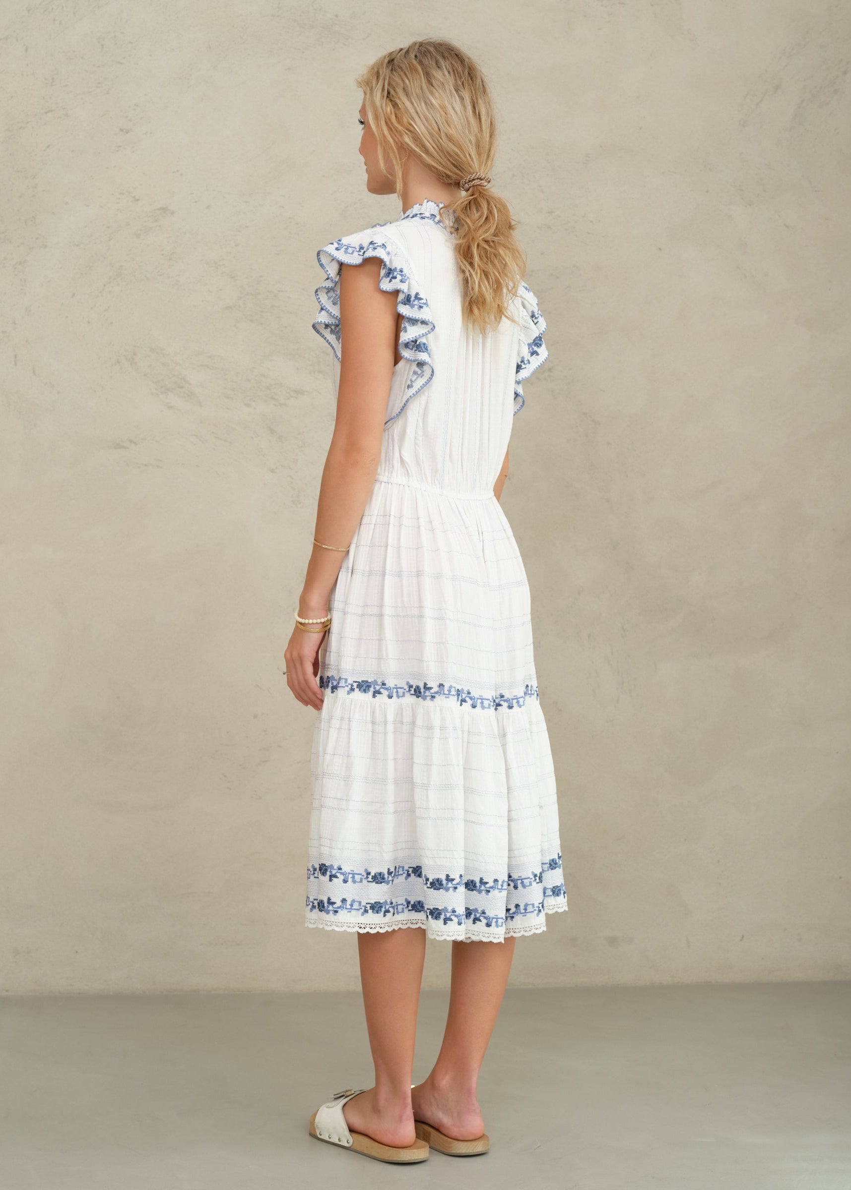 Halle Frill Dress  - Ecru/Blue