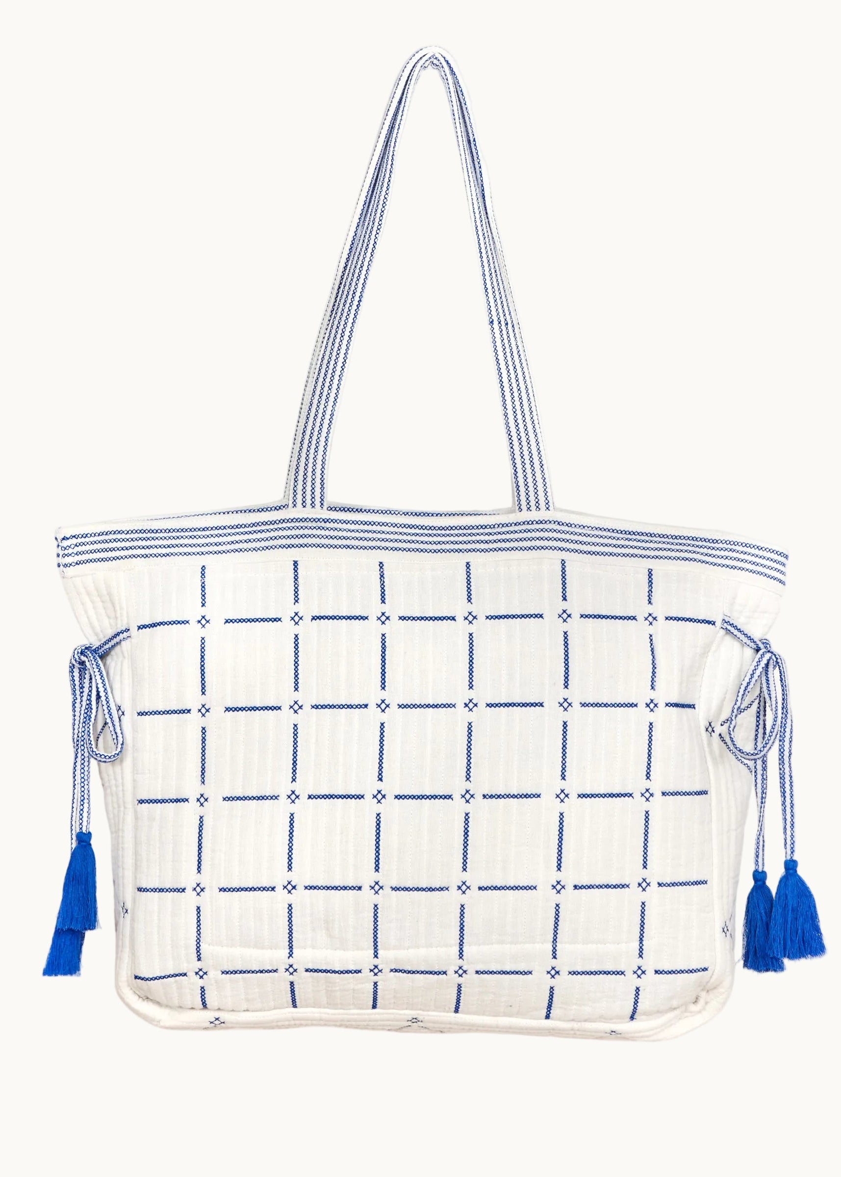 Laney Quilted Tote - Ivory/Blue