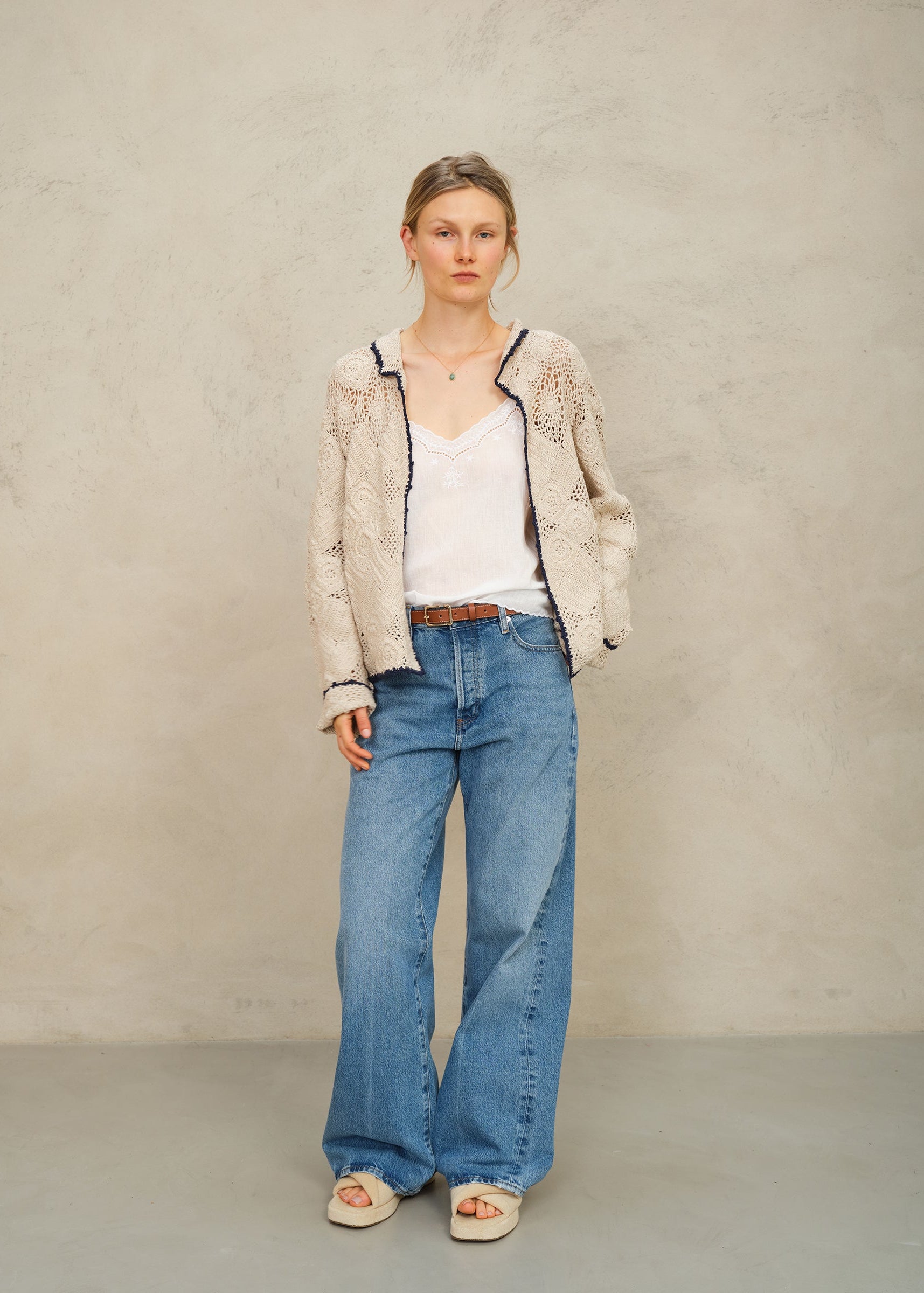 Martha Crochet Jacket - Ecru/Blue