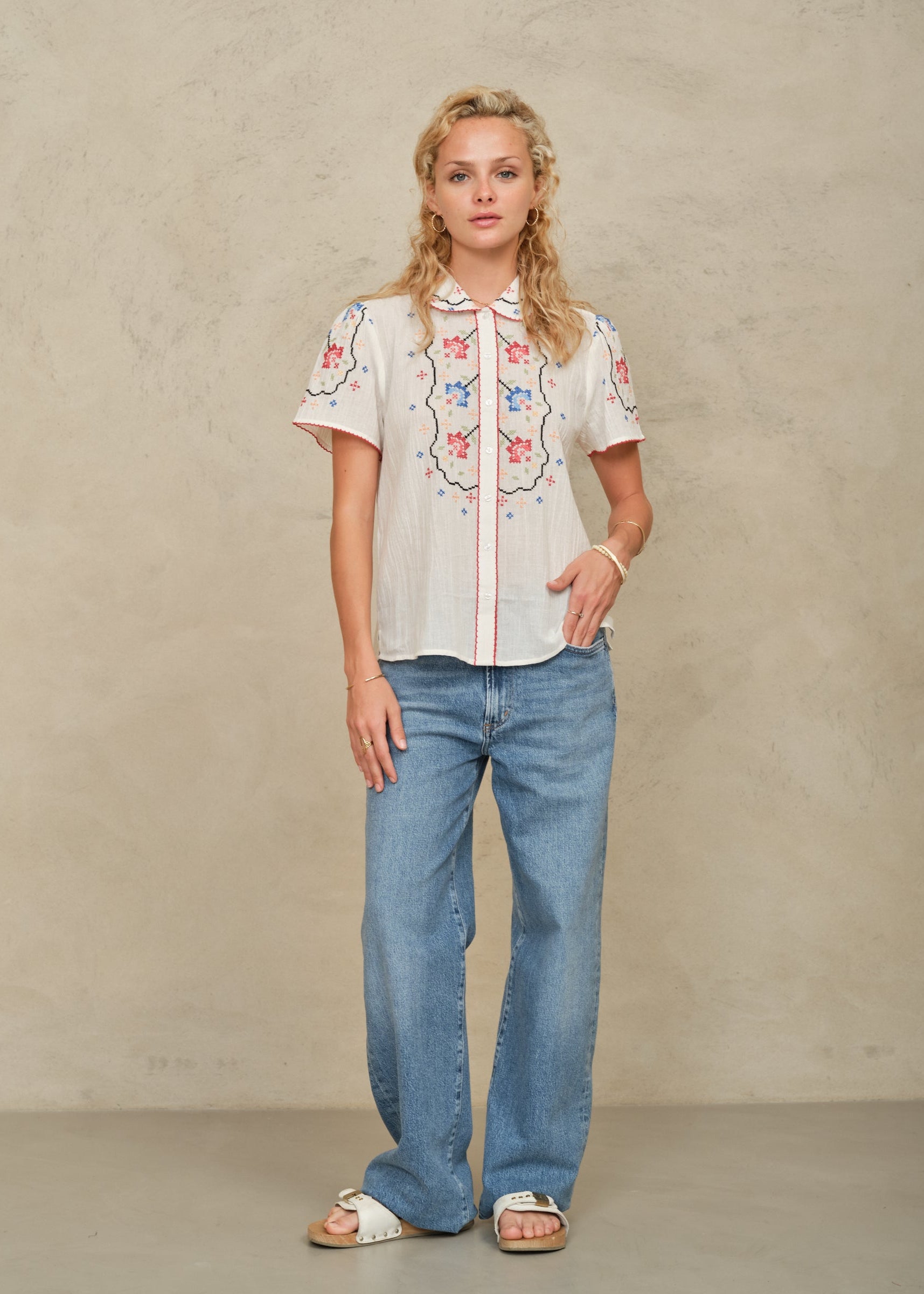 Ruby Short Sleeve Top - Ecru/Multi