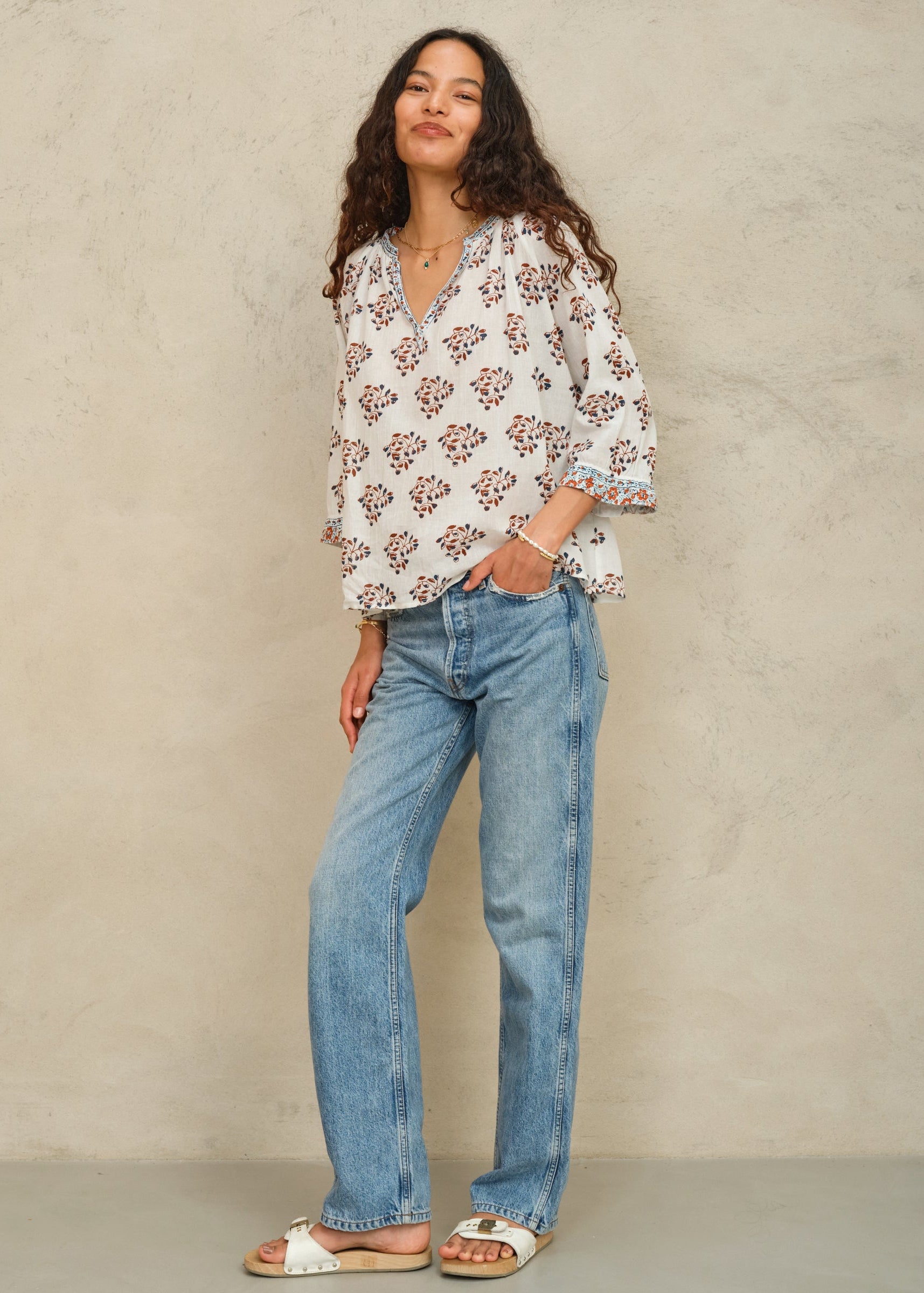 Stella Long Sleeve Top - Ecru/Rust