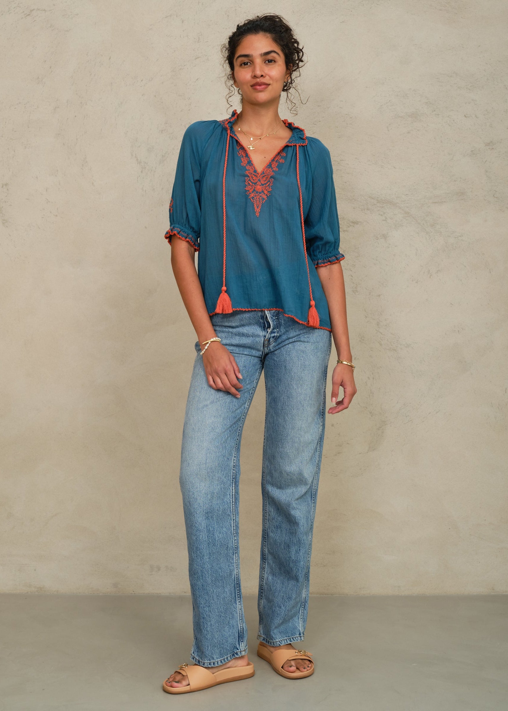 Talia Short Sleeve Top -  Blue/Orange
